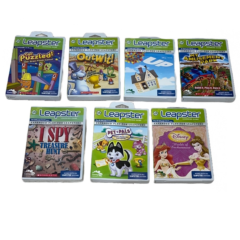 Leapster Games Get Puzzled, Outwit, UP, My Amusement Park, Disney, I Spy, Pet